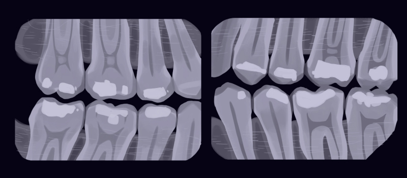 Cartoon image of bitewing dental X-rays to show the health of the teeth and any decay