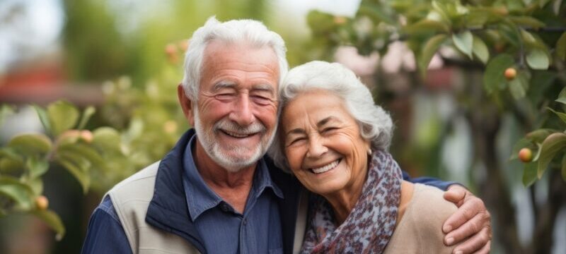 Older couple smiles with implant-supported dentures